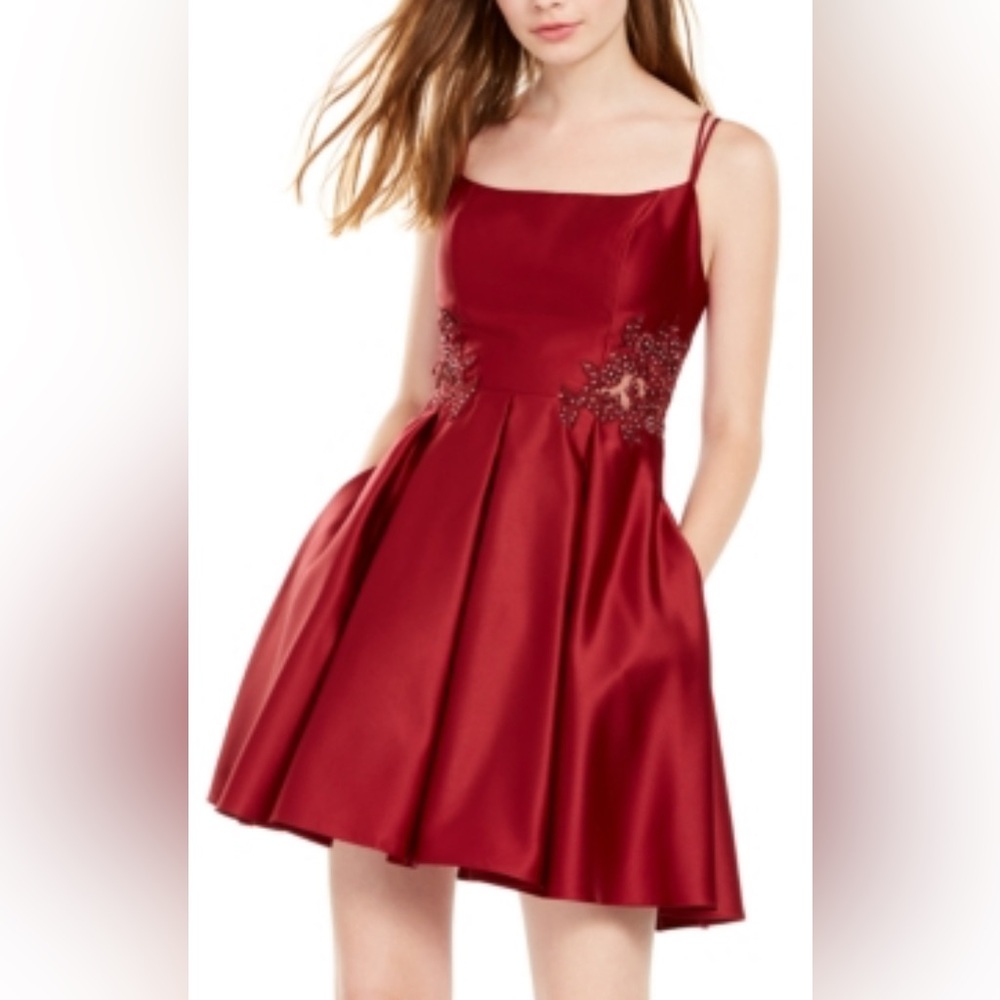 Blondie Nites Size 0 Burgundy Spaghetti Strap Fit Flare Appliqué Mesh Dress